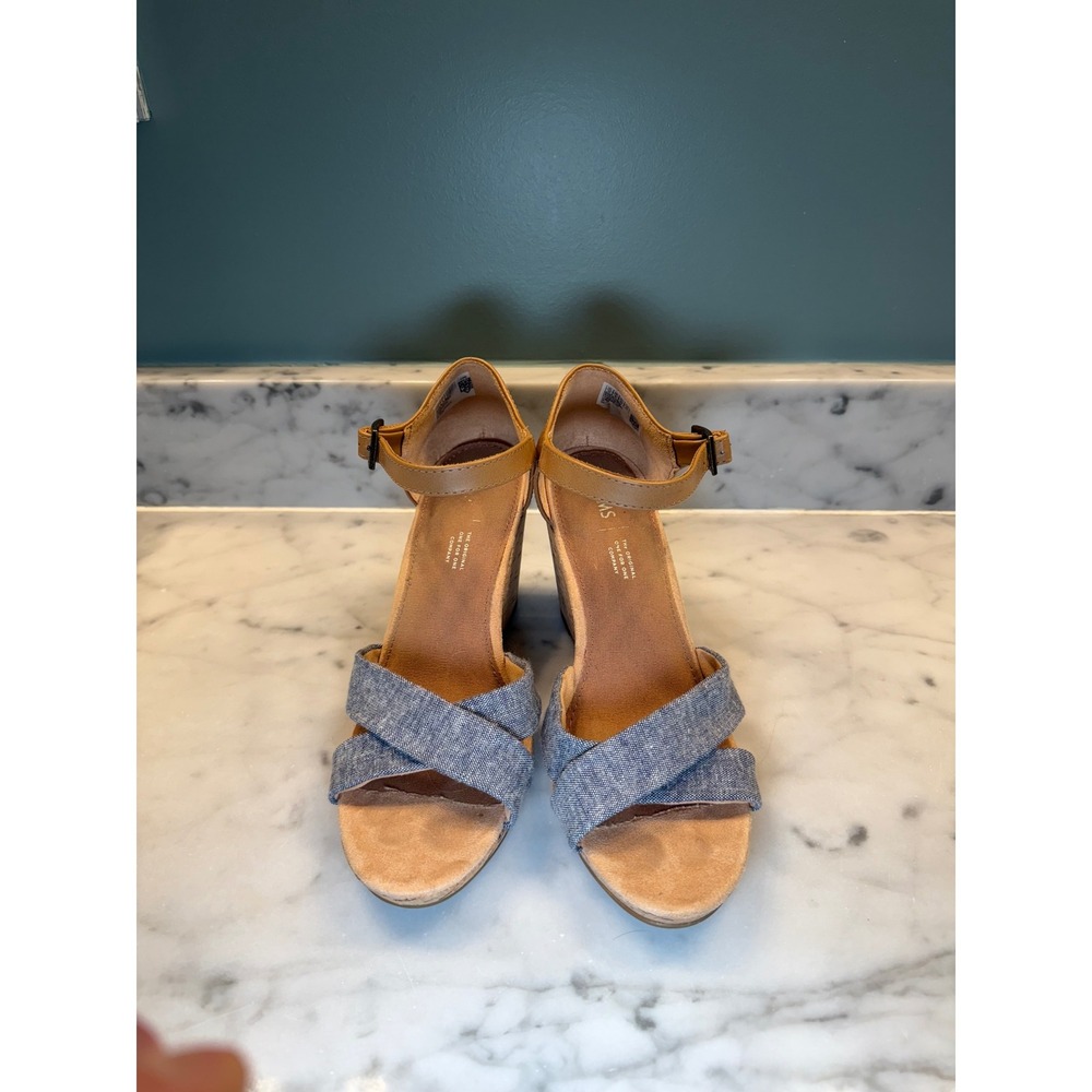 TOMS Women's‎ Sienna Cork Wedge w Tan Faux Leather & Chambray Blue Straps Sz 10
